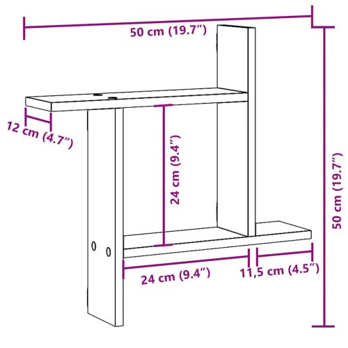 Стенни рафтове, 2 бр, опушен дъб, 50x12x50 см, инженерно дърво