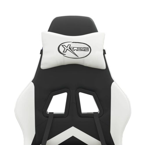 Гейминг стол с опора за крака, черно и бяло, изкуствена кожа