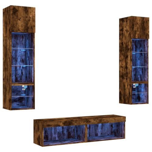 ТВ стенни модули с LED, 6 части, опушен дъб, инженерно дърво