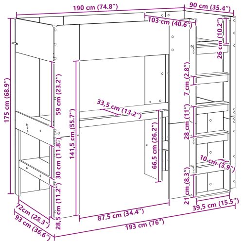 Рамка за двуетажно легло с бюро Циментено сиво 90 x 190 cm