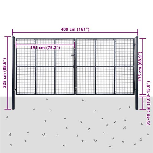 Градинска мрежеста порта, поцинкована стомана, 400x175 см, сива