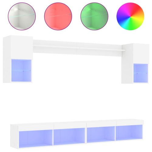 ТВ стенни модули с LED, 6 части, бели, инженерно дърво