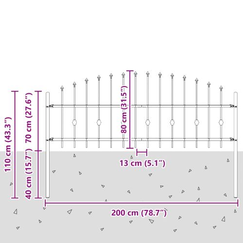Шипова ограда Черно 200 x 130 см Прахово боядисана стомана