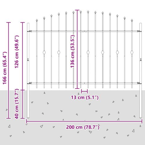 Шипова ограда Черно 200 x 130 см Прахово боядисана стомана