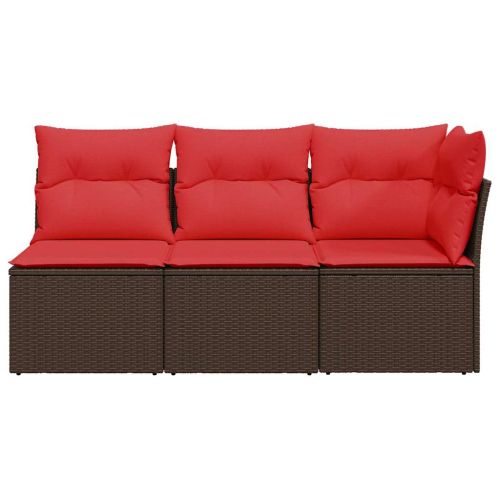 Градински диван с възглавници, 3-местен, кафяв, полиратан