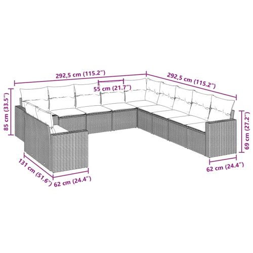 Градински комплект диван с възглавници 11 части черен полиратан