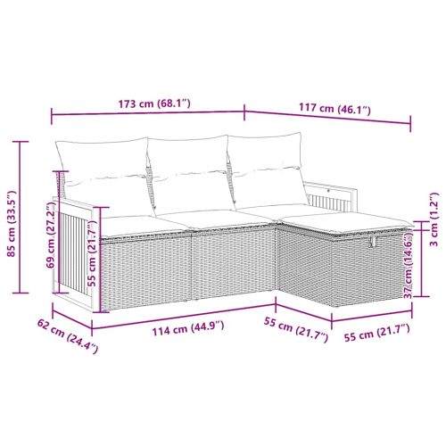Градински диван от 4 части с възглавници, черен, полиратан