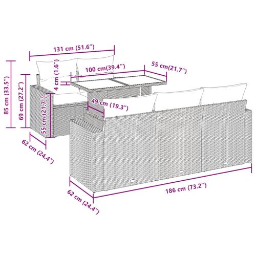 Градински диван с възглавници, 6 части, черен, полиратан