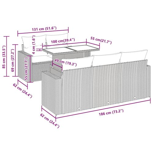 Градински комплект диван с възглавници 7 части черен полиратан