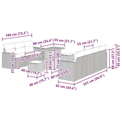 Градински Софа Комплект с възглавница 10 pcs Черно и кремаво