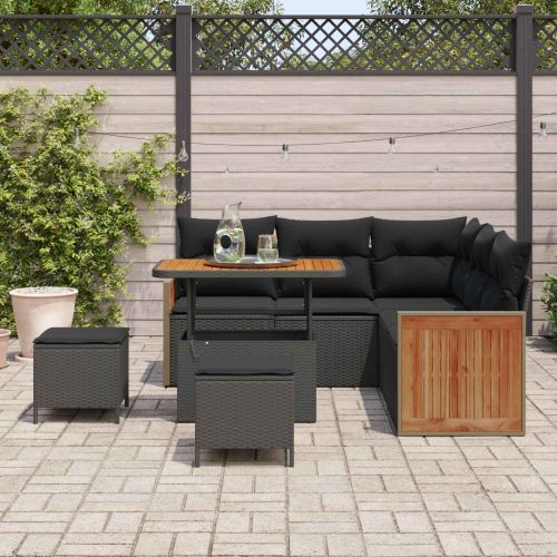 Градински Софа Комплект с възглавница 9 pcs Черно полиратан