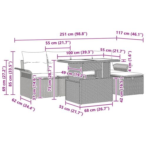 Градински Софа Комплект с възглавница 6 pcs Черно Полиратан