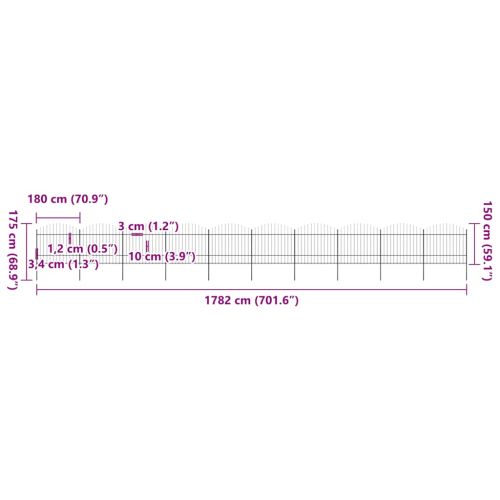 Градинска ограда с връх тип „копие“, стомана, 1781,5x175 см, черна