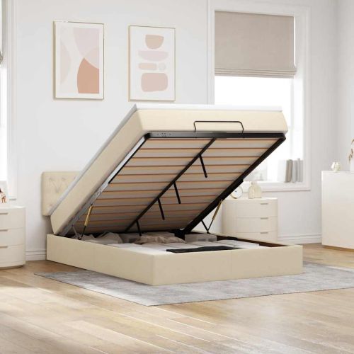 Османска легло с матрак и LED, кремаво, 140x190 см, плат