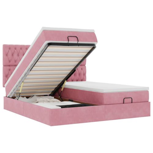 Османска легло с матраци и LED, розово, 160x200 см, кадифе