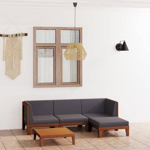 Градински лаундж комплект с възглавници, 5 части, акация масив