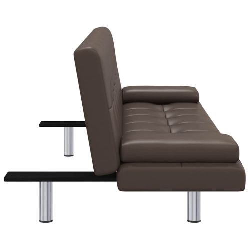 Разтегателен диван с две възглавници, кафяв, изкуствена кожа