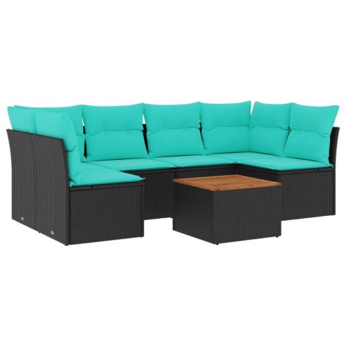 Градински комплект диван с възглавници 7 части черен полиратан