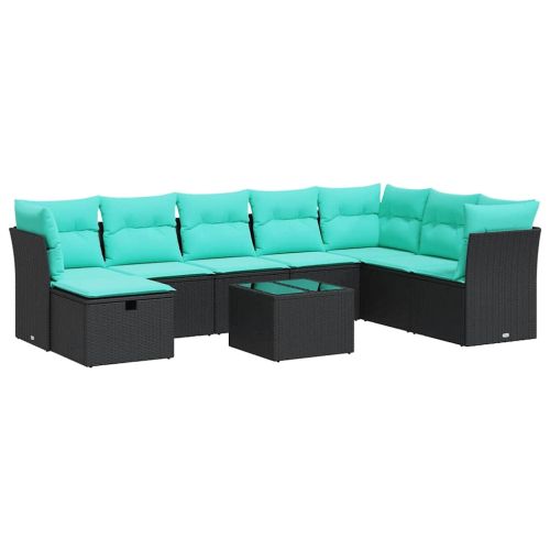 Градински комплект диван с възглавници 9 части черен полиратан