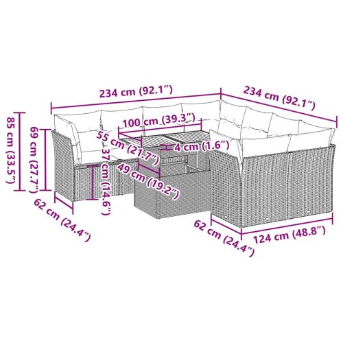 Градински комплект диван с възглавници 9 части черен полиратан