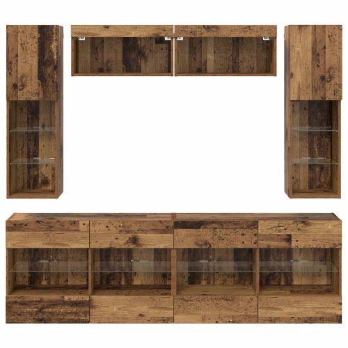 Комплект за стена на телевизор с LED 6 pcs Старо дърво