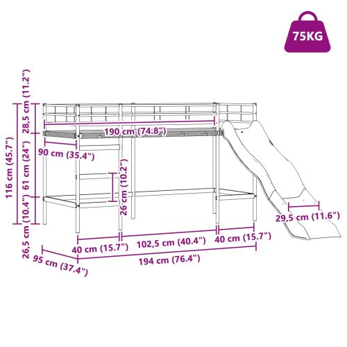 Двуетажно легло с пързалка за деца Черно и антрацит 90 x 190 cm