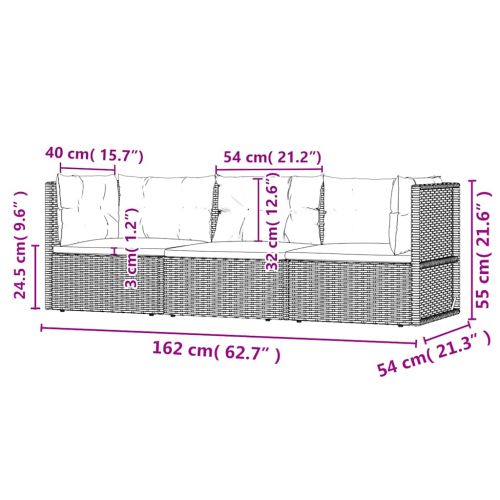 Градински лаундж комплект с възглавници 3 части черен полиратан