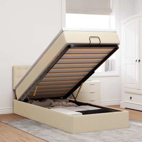 Османска легло с матрак и LED, кремаво, 90x200 см, плат