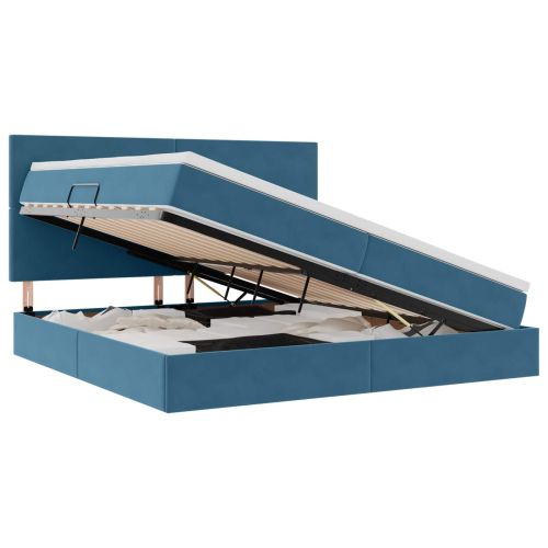 Легло с място за съхранение и LED Тъмен син 200 x 200 cm Кадифе