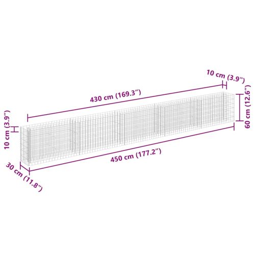 Габион повдигната леха, поцинкована стомана, 450x30x60 cм