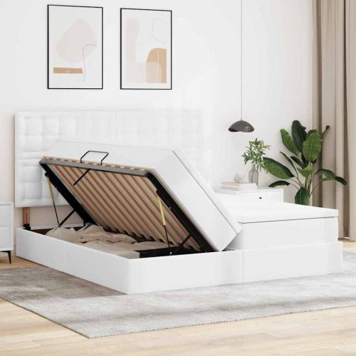 Легло с място за съхранение и LED Чисто бяло 200 x 200 cm