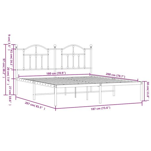 Метална рамка за легло с горна табла, черна, 180x200 см