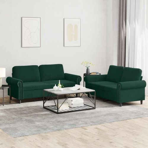 Комплект дивани от 2 части с възглавници, тъмнозелен, кадифе