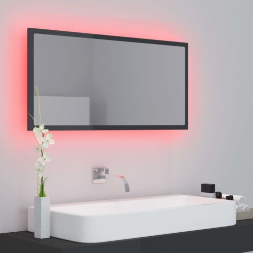 LED огледало за баня, сив гланц, 90x8,5x37 см, акрил