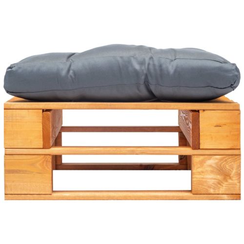 Градинска палетна табуретка сива възглавница дърво меденокафяво