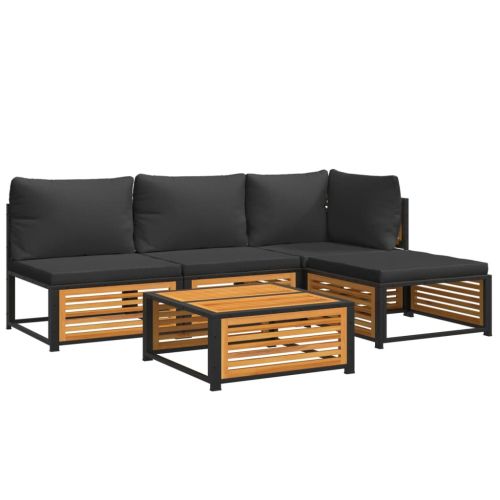 Градински комплект диван с възглавници, 5 части, акация масив