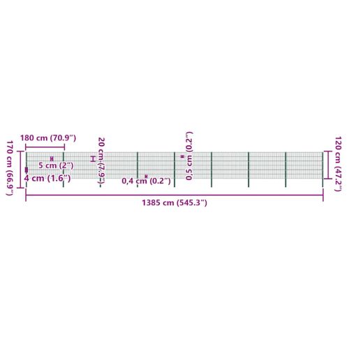 Ограден панел с железни стълбове 1385x120 см, зелен