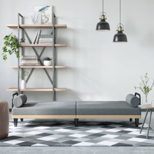 Разтегателно канапе с подлакътници, светлосиво, плат