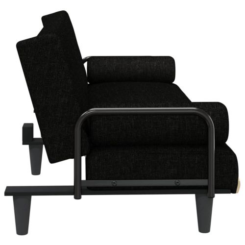 Разтегателен диван с подлакътници, черен, плат