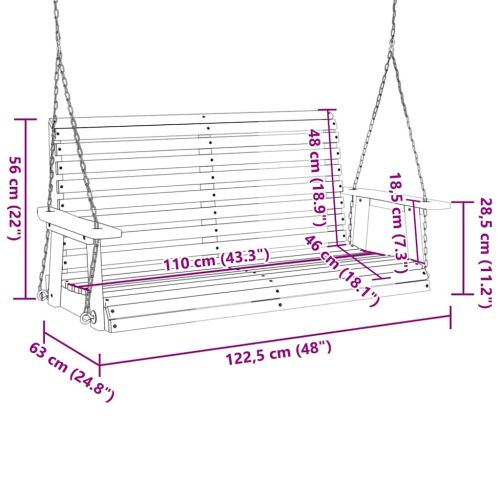 Градинска люлееща пейка с метални вериги, кафяв, чам масив