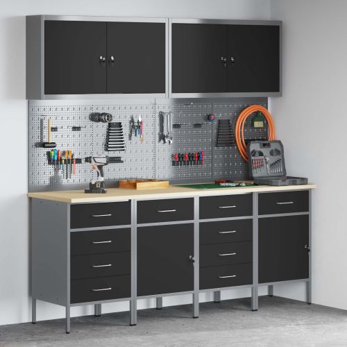 Работен кабинет 10 pcs Черно Инженерна дървесина и стомана