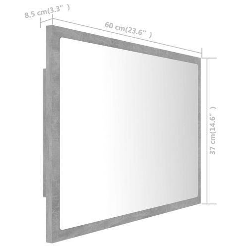 LED огледало за баня, бетонно сиво, 60x8,5x37 см, акрил