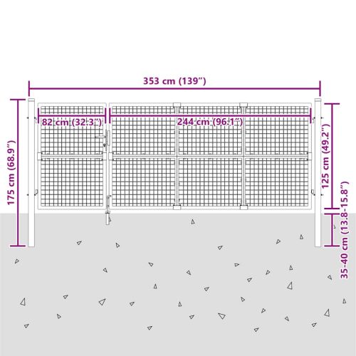 Градинска мрежеста порта, сребриста, 350x125 см, поцинкована стомана