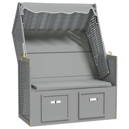 Strandkorb с навес, полиратан и масивно дърво, сиво