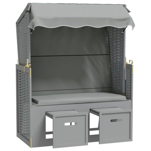 Strandkorb с навес, полиратан и масивно дърво, сиво