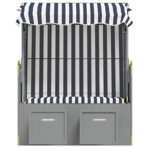 Strandkorb с навес, полиратан и масивно дърво, бяло и синьо