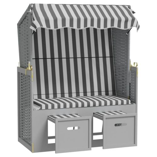 Strandkorb с навес, полиратан и масивно дърво, сиво и бяло