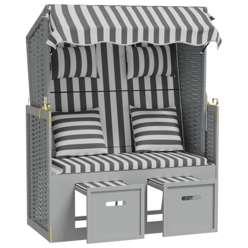 Strandkorb с възглавници, полиратан и масивно дърво, сиво/бяло