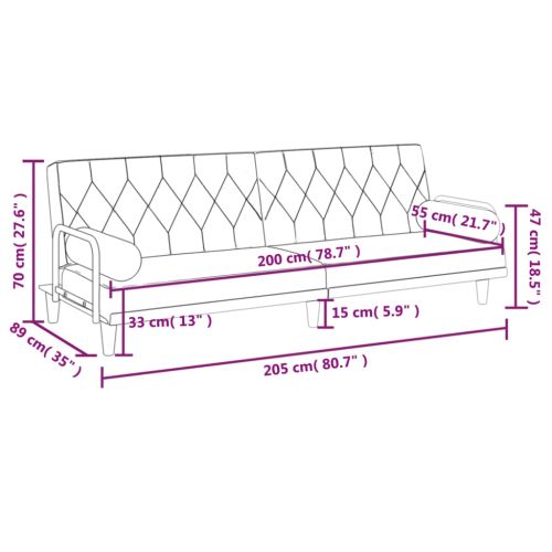 Разтегателно канапе с подлакътници, светлосиво, плат