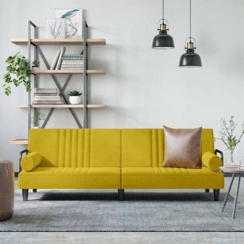 Разтегателен диван с подлакътници, жълт, кадифе